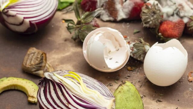 Zoom out of spoiled and rotten food on soiled cardboard. Concept of food waste or composting with vegetables, fruits and eggshells gone bad.