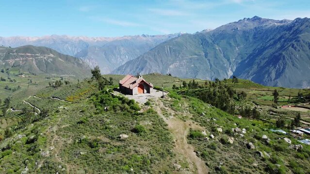 Cabanaconde, Colca Canyon, Peru: Drone footage of a church near Cabanoconde in the colca canyon  in the Arequipa region in the Andes in Peru in south Amercia