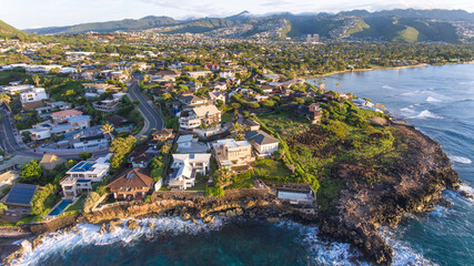 Aerial view of expensive residential housing at Black Point neighborhood in the Kahala area of east...
