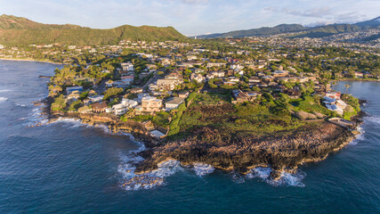 Aerial view of luxury residential housing at Black Point neighborhood in the Kahala area of Honolulu on Oahu, Hawaii