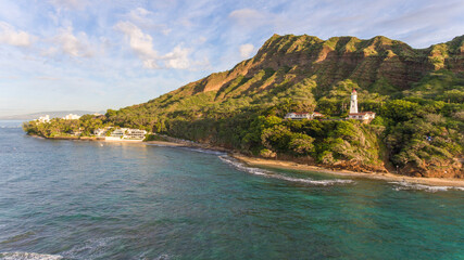 Aerial view of Diamond Head Lighthouse at sunrise on Oahu, Hawaii