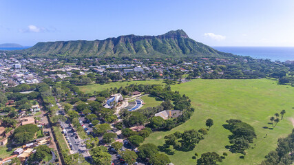 Aerial view of Waikiki Shell in Kapiolani Park with Diamond Head Crater in Honolulu on Oahu, Hawaii