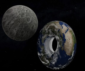 torus or donut shape earth and the moon in the galaxy illustration 3d rendering