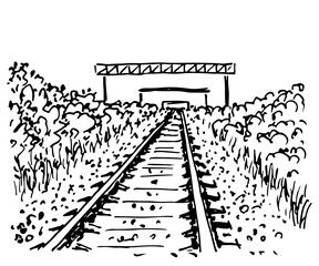 Vector sketch in ink. Summer landscape, the railway going into the distance. Tourism and travel. Road.