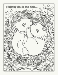 Colouring book page with hugging bunnies and text.