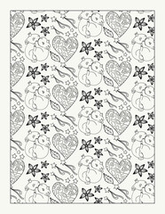 Colouring page with repeat ornament featuring bunnies, hearts, flowers and stars.