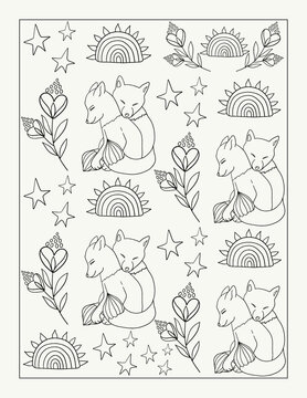 Colouring Book Page With Cute Rainbows, Flowers, Stars And Foxes.