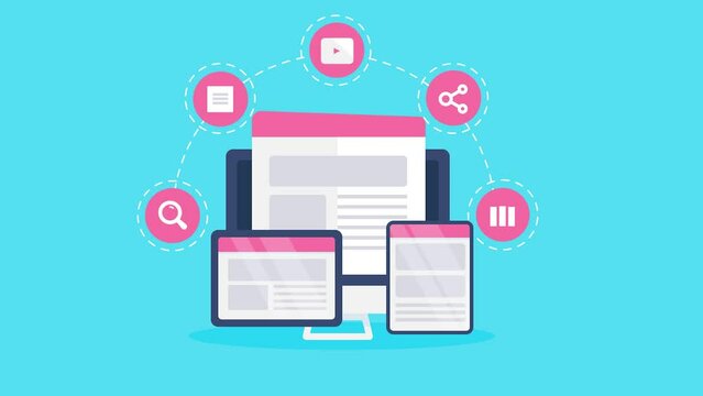 Responsive design, website display advertising - business communication, digital marketing, internet technology  2d animation 4k video clip.
