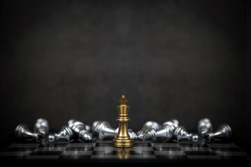 Close up king chess stand with falling chess on the back concept of team player or business team and leadership strategy and human resources organization management.