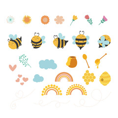Beekeeping. Apiculture products various honey in glass jars. Honeycomb, beeswax, beehive, flowers and bees organic food vector set. Illustration honey and beekeeping, bee and sweet organic