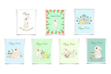 Easter! Vector illustrations of watercolor cute bunny, chicken, flowers, plants and congratulations frame. Clip art for poster, invitation, card or background