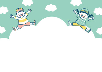 ジャンプする子どものイラスト　青空の背景素材	

