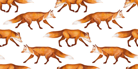 Woodland vintage style design. Watercolor hand drawn rural seamless pattern with illustration of forest animals autumn fox. Hand painted elements isolated on white background.