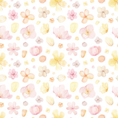 Nursery wallpaper. Watercolor hand drawn cute seamless pattern with delicate abstract spring flowers. Meadow wild flowers elements isolated on white background.