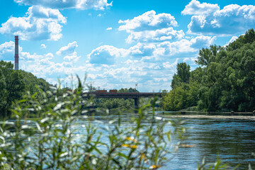 River, bushes and bridge in summer.