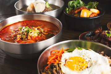 A view of several Korean dishes.