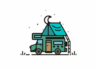 Camping with camper van line art illustration