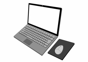 ノートパソコンとマウス　右斜めからのイラスト　JPEG