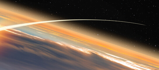 Fototapeta na wymiar Long Exposure Night Time Rocket Launch - Planet Earth with a spectacular sunset 