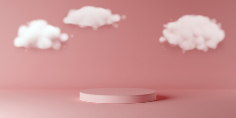 Pink cylinder empty podium with cloud mockup. Abstract minimal design studio scene. Realistic 3d render background.