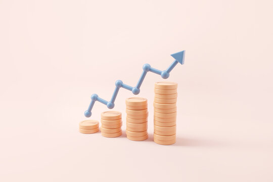 Graph up arrow on coin stacks. Financial success and growth concept. 3d render.
