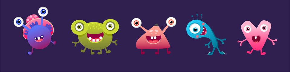 Cute cartoon Monster colorful vector set Eyes tongue tooth fang hands up