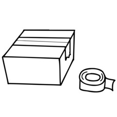 段ボールをガムテープで梱包する線画イラスト