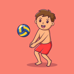 Cartoon smilling boy playing beach volleyball, Cute cartoon kid at summer party, vector cartoon illustration