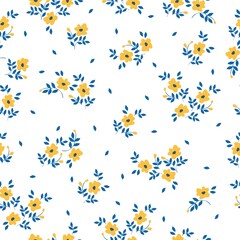 Seamless vintage pattern. Small yellow flowers, blue leaves. White background. vector texture. fashionable print for textiles, wallpaper and packaging.
