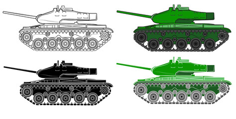 Set of T-34 Soviet medium tank in profile, World War II, Red Army, weapons, armor. Vector illustration.