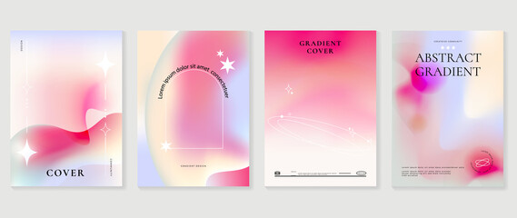 Abstract pink gradient liquid cover template. Set of modern poster with vibrant graphic color, hologram, stars, circle shapes, frame. Futuristic design for brochure, flyer, wallpaper, banner. - obrazy, fototapety, plakaty