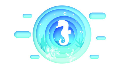 Blue Underwater Abstract Paper Cut Background Vector Sea Ocean Fish Seaweed Wave Nature Shadows Sea ​​Horse