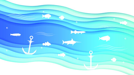 Fototapeta na wymiar Blue Underwater Abstract Paper Cut Background Vector Sea Ocean Fishes Seaweed Wave Nature Shadows Aanchors