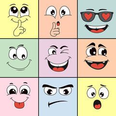 Big set of funny cartoon emoticon smile icons.