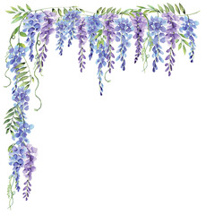 Wisteria Corner Frame Watercolor Hand Painted Purple and Blue Flowers on Isolated White Background - 503235134