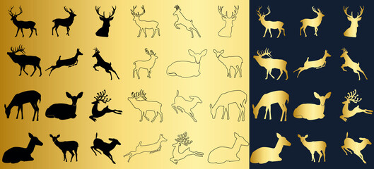 Deer silhouette design template set, outline deer, golden deer, vector