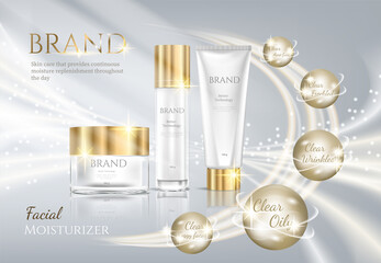 Cosmetic set ads,White gold luxury. Science abstract vector background design with DNA molecular structure. 3d molecules or atoms model illustration, scientific banner for medicine, biology.