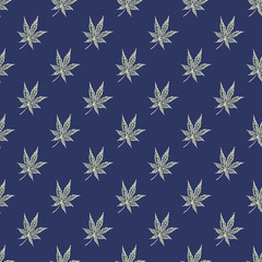 Leaves cannabis engraved seamless pattern. Retro background botanical with leaf marijuana in hand drawn style.