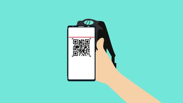 Scanning QR code from a bag for payment 4K animation. Paying bills online using a mobile phone to scan QR codes on products. Hand scanning product prices from QR code and Scanning QR code from a bag