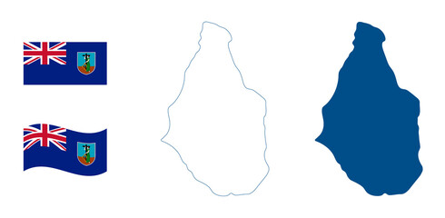 Montserrat map. British overseas territory in the Caribbean. Detailed blue outline and silhouette. Country flag. Set of vector maps. All isolated on white background. Template for design.