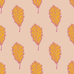 Leaves oak engraved seamless pattern. Vintage background botanical with forest foliage in hand drawn style.