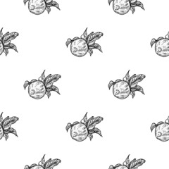 Fototapeta premium Seamless pattern engraved lemon on twig with leaves. Vintage background citrus fruit on branch in hand drawn style.