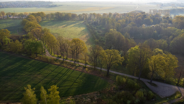 Aerial view on the polish side of the three country tripoint at Hrádek nad Nisou, Zittau, Porajów in warm morning light in spring