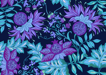 Decorative pomegranate fruits and flowers in art nouveau style, vintage, old, retro style. Seamless pattern, background. Vector illustration.