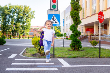a schoolgirl girl crosses the road on a zebra near the road sign pedestrian crossing going to...