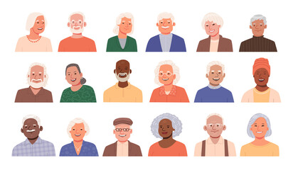 Set of avatars of happy smiling seniors. Elderly people. Portraits of old men and women of different nationalities - obrazy, fototapety, plakaty