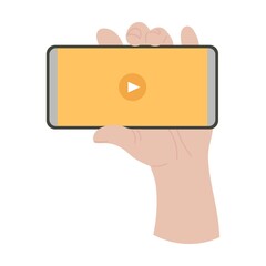 Hand holding smartphone and shows horizontal screen with video, using mobile apps. Cartoon vector illustration of person showing actions with phone