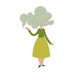 woman with cigarette in her hand and cloud of smoke. Bad habit. cartoon vector