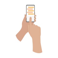 Hand holding smartphone and prints text message, using mobile apps. Cartoon vector illustration of person showing phone