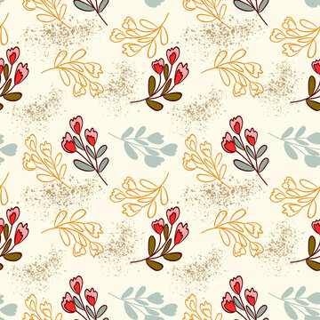Free hand flowers with texture brush seamless pattern.